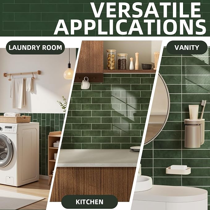 Tilingview 30 PCS Peel and Stick Backsplash Tile for Kitchen/Bathroom/Living Room, 3"x 9" Self-Adhesive Subway Tile for Backsplash, Handmade Imitation Glazed Tiles(Glossy Dark Olive Green)