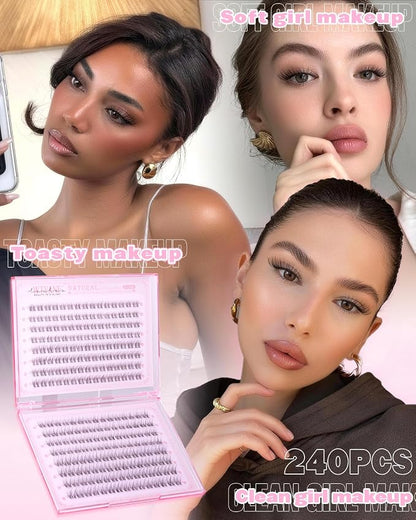 Natural Lash Clusters Short 8-10-12mm Cluster Eyelash Extensions 240Pcs Wispy Eyelash Clusters Venus Natural Individual Lashes with Clear Band for Lash Extensions Beginner Glasses Friendly