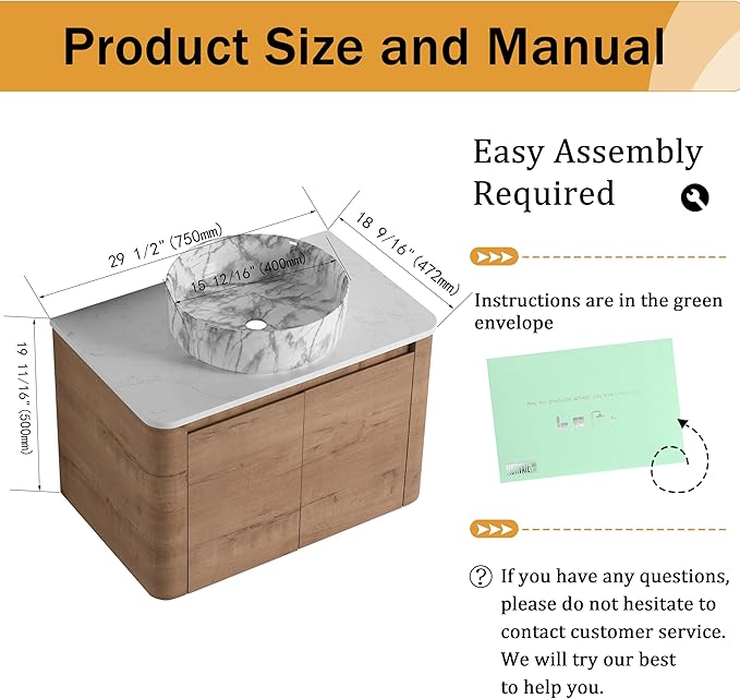 Malwee 30" Floating Bathroom Vanity with Sink, 30 Inch Wall Mounted Bathroom Cabinet Combo, Modern Single Sink Bath Storage Vanity Set, with 2 Soft Close Doors and Ceramic Vessel Basin Top(30-QQ