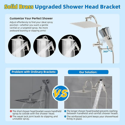 Hibbent All Metal cUPC Certified Shower Head, 12'' High Pressure Rainfall Showerhead Combo, Handheld Shower Wand, 12'' Adjustable Extension Arm, 4-Spray, 71'' Hose, Shower Holder, Brushed Nickel