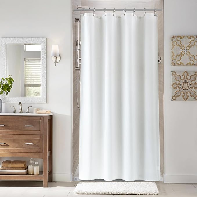 42 Inch White Shower Curtain, Linen Textured Fabric Shower Curtain Set with Hooks, Simple Elegant Modern Farmhouse Country Ultra Thick Bath Curtains for Bathroom, Water Repellent, 42x72