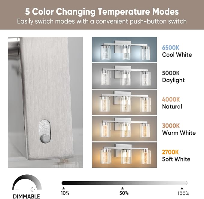 LED Modern Bathroom Light Fixtures Over Mirror, 3-Light Brushed Nickel Vanity Lights with 5 Color Modes, Dimmable Bathroom Vanity Light with Crystal Bubble Glass, 2700K-6500K Adjustable, ETL