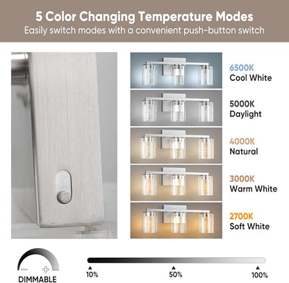 LED Modern Bathroom Light Fixtures Over Mirror, 3-Light Brushed Nickel Vanity Lights with 5 Color Modes, Dimmable Bathroom Vanity Light with Crystal Bubble Glass, 2700K-6500K Adjustable, ETL