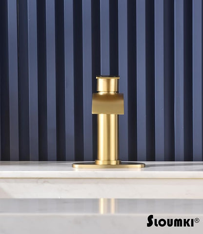 Brushed Gold Waterfall Bathroom Faucet Single Hole, Gold Bathroom Faucet for Sink 1 Hole with 6 in Deck Plate and Pop Up Drain and Supply Hose, Modern Bathroom Sink Faucet，SL5002BG