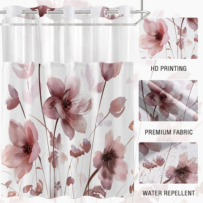 No Hook Shower Curtain and Liner Set, Red Boho Floral 71x74 | Watercolor Boho Flower, with Snap in Liner, Waterproof, Machine Washable, Quick-Drying, for Hotel Bathroom