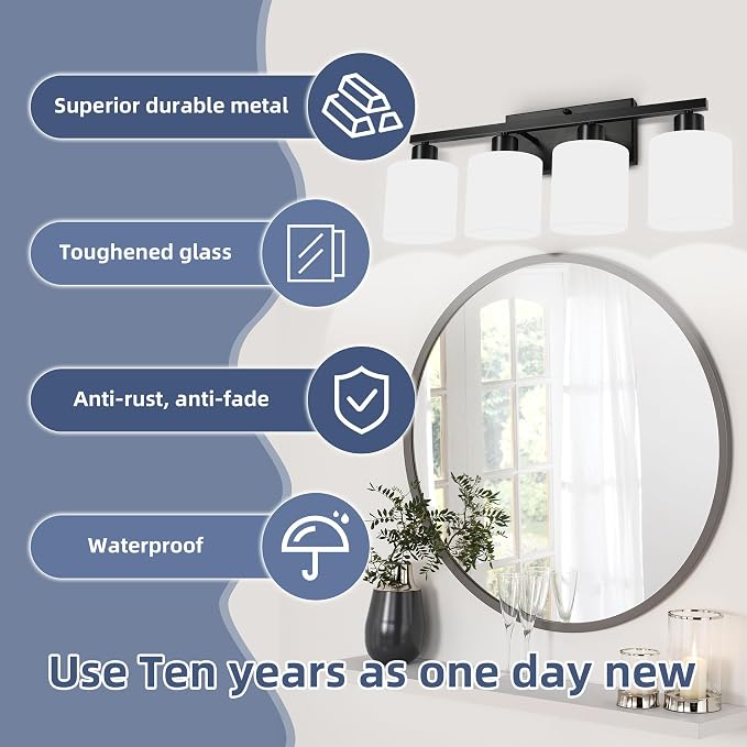 SILAMPDI Black Bathroom Light Fixtures Over Mirror, 4-Light Vanity Lights for Bathroom, Modern Wall Sconces Lighting for Bedroom Living Room, Milky White Glass Shades, E26 Base, Bulbs Not Included