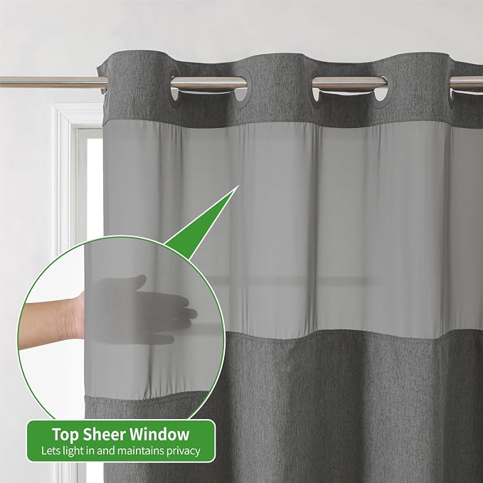 eachope No Hook Fabric Shower Curtain with Snap-in Liner,54x80Charcoal Grey | Linen Texture,230GSM Thick Fabric,Hotel Luxury Decor,Mesh Window,Waterproof & Machine Washable,for Shower Stall or Bathroom
