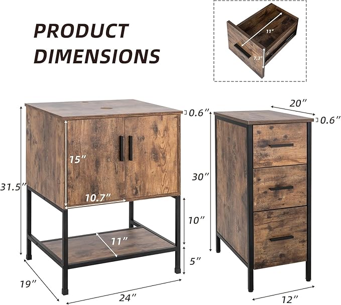 UEV 48" Antique Bathroom Vanity, Dark Brown Bathroom Vanity Set with Sink and 3 Drawers Side Cabinet Combo, Iron Wood Bathroom Cabinet with Adjustable Water Temperature Faucet (A16)