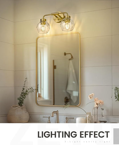 zeyu 2-Light Gold Globe Vanity Light, Water Ripple Glass, ZS62BG-2W BG-WG | Bathroom Lighting Fixtures Over Mirror, Water Ripple Globe Glass, Brushed Gold Finish, Metal And Glass Construction