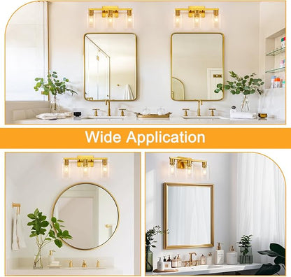Gold 3-Light Bathroom Vanity Light, Modern Brushed Gold Vanity Lights with Clear Glass Shades, Bathroom Wall Sconce Lamp for Mirror Living Room Bedroom Hallway