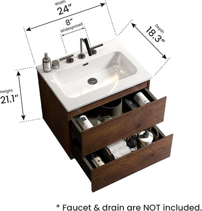 24" Bathroom Vanity with Sink, Modern Floating Vanity with Double Soft Closing Drawers, Large Storage for Small Space, Walnut, Fully Assembled - Iris Collection