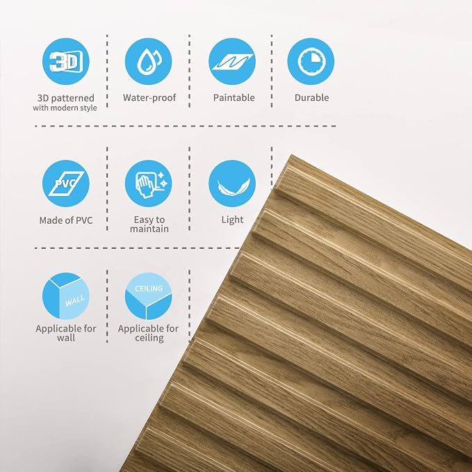 Art3d 3D Fluted Textured Slat Wall Panels, 19.7 x 19.7 in, 12-Pack, Walnut | PVC, Waterproof, Scratch Proof, Wipeable, Break-Proof, Ideal for Home, Office and Commercial Spaces