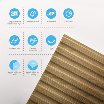 Art3d 3D Fluted Textured Slat Wall Panels, 19.7 x 19.7 in, 12-Pack, Walnut | PVC, Waterproof, Scratch Proof, Wipeable, Break-Proof, Ideal for Home, Office and Commercial Spaces