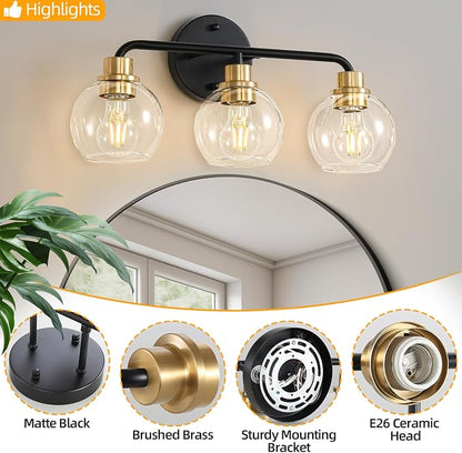 3 Light Bathroom Vanity Light, Black and Gold Bathroom Light Fixtures | with Clear Glass Shade Modern Wall Sconces Lighting Bath Wall Lights Lamp for Mirror Kitchen Living Room Bedroom Hallway