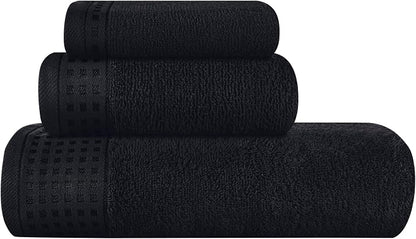 GLAMBURG Ultra Soft 3 Pack Cotton Towel Set, Contains a Bath Towel 28x55 inch, a Hand Towel 16x24 inch & a Wash Coth 12x12 inch, Ideal Everyday use, Compact & Lightweight - Black