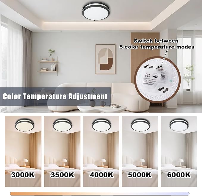 12inch LED Flush Mount Ceiling Light Fixture Dimmable Matte Black, Easy Install LED Ceiling Lamp Fixture Without Flicker, Super Bright 36W 3600LM 5CCT Warm to White Light 3000K to 6000K 2-Pack