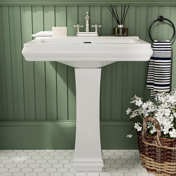 DeerValley 26"L X 20"W Rectangular Pedestal Sink, Apex White Ceramic Pedestal Bathroom Sink with 3 Faucet Holes at 4" Faucet Centers, with Overflow,DV-1P521
