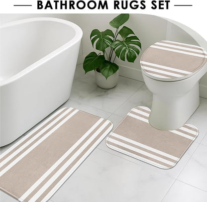 Bathroom Sets with Shower Curtain and Rugs, 4 Pcs, Striped | Minimalist Modern Neutral Beige Bathroom Decor Set with Toilet Lid Cover, Non-Slip Bath Mats and Accessories 12 Hooks
