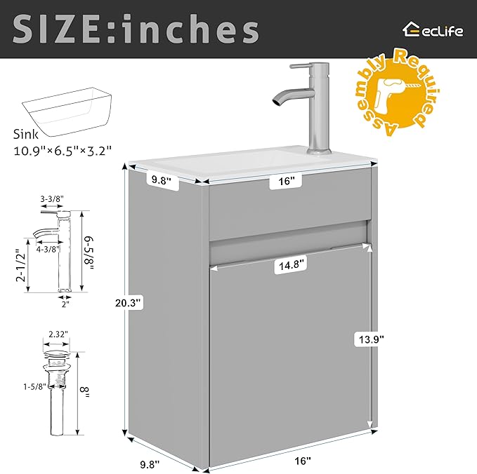 eclife 16" Small Bathroom Vanity Sink Combo, Modern Painted Wall Mounted Floating Cabinet W/Resin Basin Sink Top, Chrome Water Save Faucet & Pop Up Drain (B10G)
