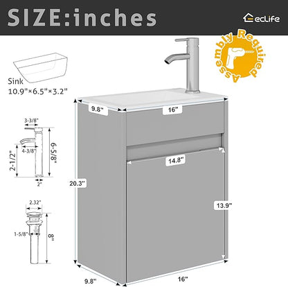 eclife 16" Small Bathroom Vanity Sink Combo, Modern Painted Wall Mounted Floating Cabinet W/Resin Basin Sink Top, Chrome Water Save Faucet & Pop Up Drain (B10G)