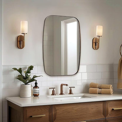 Brushed Bronze Bathroom Mirror, 20x28 Oblong Mirror with Stainless Steel Metal Frame, Oval Vanity Mirror for Over Sink, Modern Anti Rust Wall Mounted