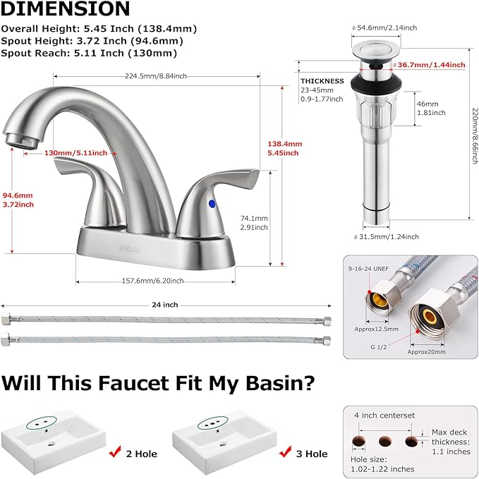 PARLOS 2-Handle Bathroom Sink Faucet with Drain Assembly and Supply Hose Lead-Free cUPC Lavatory Faucet Mixer Double Handle Tap Deck Mounted Brushed Nickel,13598