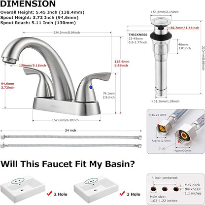 PARLOS 2-Handle Bathroom Sink Faucet with Drain Assembly and Supply Hose Lead-Free cUPC Lavatory Faucet Mixer Double Handle Tap Deck Mounted Brushed Nickel,13598
