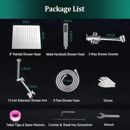 All Metal For California Rain Shower Head with Handheld Spray Combo, YDmeet 8 Inch Rainfall Shower Head, Stainless Steel Handheld, 3 Way Diverter, Adjustable Extended Arm, 71" Long Hose, Chrome