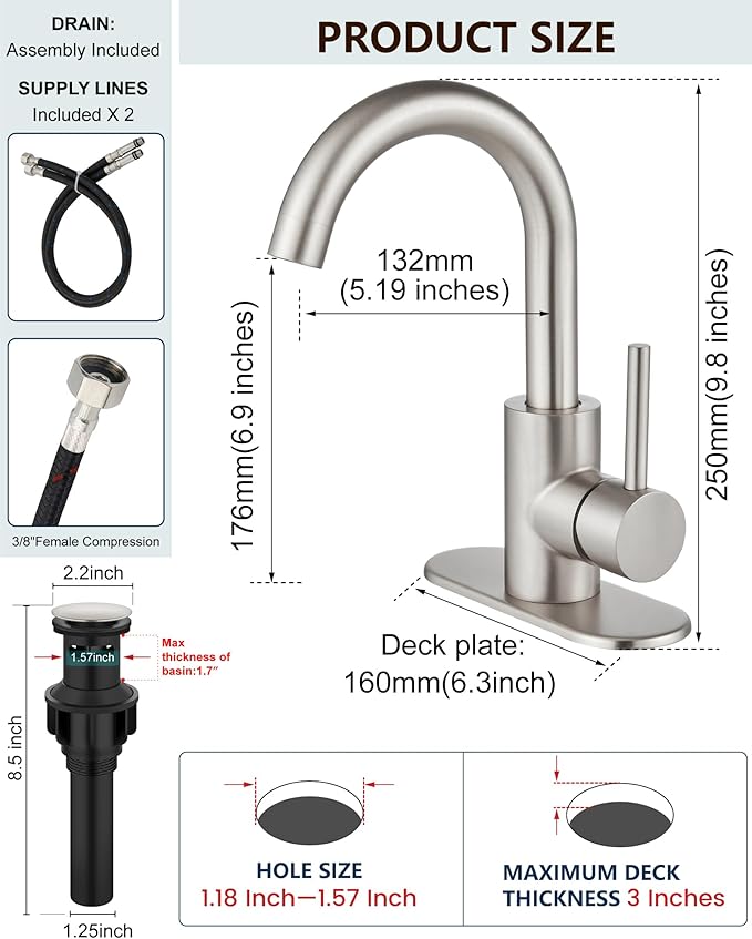 Midanya Single Hole Bathroom Faucet 1 Hole Bar Sink Faucet Suitable for Kitchen RV Vanity,304 Stainless Steel 360° Swivel Spout with Deck Plate and Pop-up Drain,Brushed Nickel
