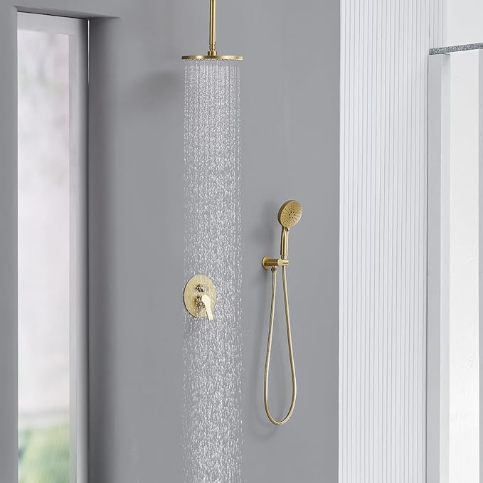 Iriber Shower System Ceiling Mounted Shower Faucet Mixer Set with Luxury High Pressure Shower head and 3-Setting Handheld, Bathroom Shower Trim Kit Contain Pressure Balance Valve,Brushed Gold