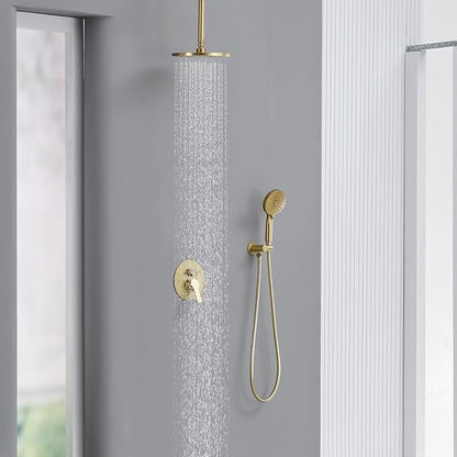 Iriber Shower System Ceiling Mounted Shower Faucet Mixer Set with Luxury High Pressure Shower head and 3-Setting Handheld, Bathroom Shower Trim Kit Contain Pressure Balance Valve,Brushed Gold