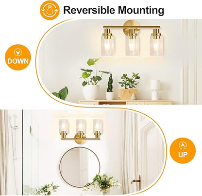 Bathroom Light Fixtures Gold Vanity Light 3 Light Wall Sconces Lighting Brushed Brass Lights with Clear Glass Shades Bath Wall Lamp for Mirror Kitchen