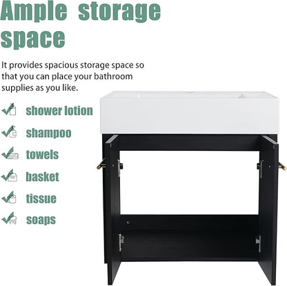 24 Inch Floating Bathroom Vanity,24" Bathroom Vanity with Sink,Modern Single Sink Bathroom Vanity Combo,Black Wall Mounted Cabinet Set