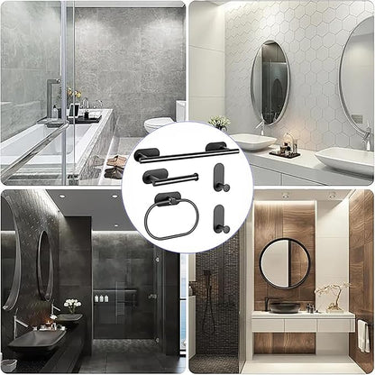 Bathroom Hardware Set, 16" Bathroom Towel Holder with Toilet Paper Holder, Towel Ring, Towel Hook, Bathroom Accessories for Kitchens, Laundry Rooms (5, Black)