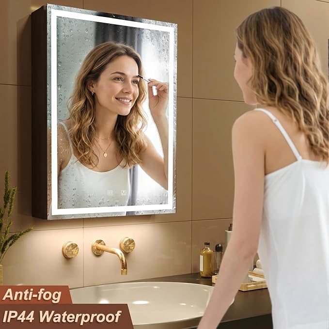 20x28 Inch Aluminum LED Bathroom Mirror Cabinet with Backlit Panel | Light Adjustment, Anti-Fog, Sockets&USBs, High Capacity, Easy to Install