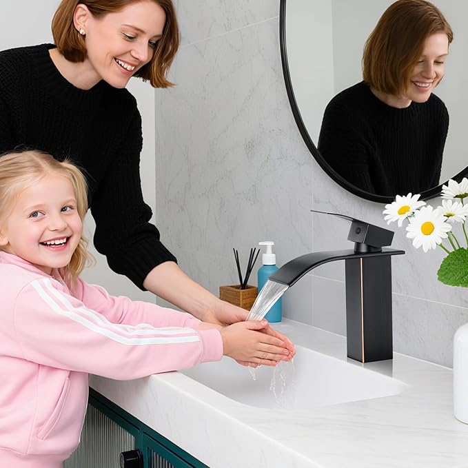 Bathroom Faucets Oil Rubbed Bronze Waterfall Bathroom Sink Faucet Modern Single Handle Bathroom Faucet for 1 or 3 Hole Mxier Tap Washbasin Faucet with Deck, Pop-up Drain and Supply Hoses