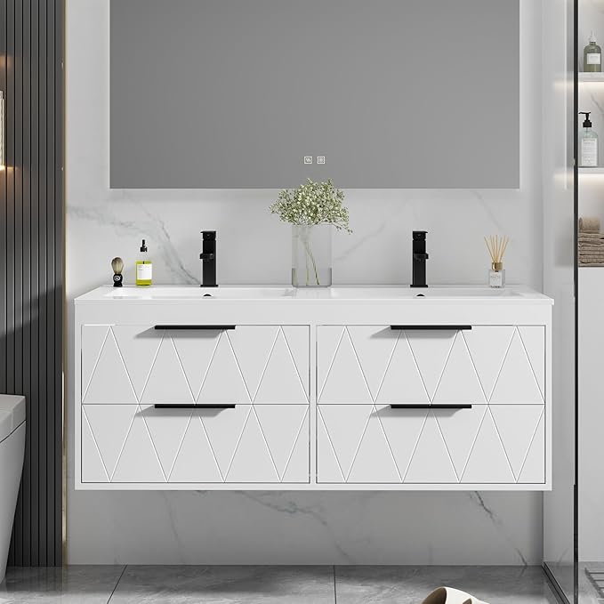 eclife 48" Bathroom Vanities Cabinet with Sink Combo, Wall Mounted Floating Cabinet W/Decor Line, Soft-Close System, 4 Extra Big Drawers, Matte Black Faucet, White