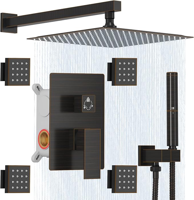 Hoimpro 12 Inch Rainfall Shower Faucet with 4 Full Body Shower Jet Fixtures Combo, Wall Mounted Shower System Set with Rain Mixer Shower Head and 2 in 1 Spray Handheld Showerhead, Oil Rubbed Bronze