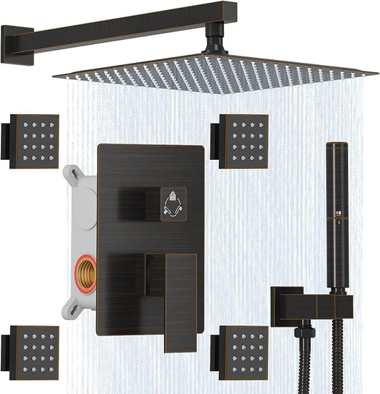 Hoimpro 12 Inch Rainfall Shower Faucet with 4 Full Body Shower Jet Fixtures Combo, Wall Mounted Shower System Set with Rain Mixer Shower Head and 2 in 1 Spray Handheld Showerhead, Oil Rubbed Bronze