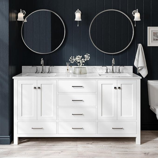 ARIEL Cambridge 66-inch Bathroom Vanity with Sink,Solid Wood, 0.75-inch Italian Carrara Marble Countertop, Double Rectangular Porcelain Sink, 4 Soft Closing Doors, 6 Dovetail Drawers, White
