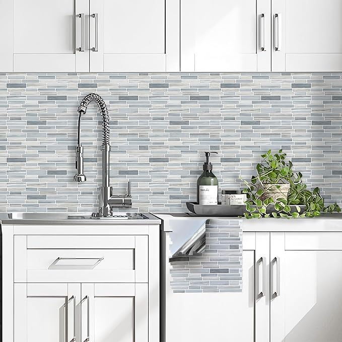 Tilingview 10PCS Peel and Stick Tile for Kitchen Backsplash, Strips Design Self-Adhesive Vinyl Tile, Plastic Wall Sticker (Blue Gray)