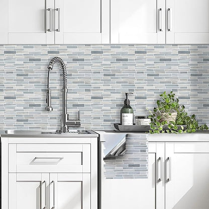 Tilingview 10PCS Peel and Stick Tile for Kitchen Backsplash, Strips Design Self-Adhesive Vinyl Tile, Plastic Wall Sticker (Blue Gray)