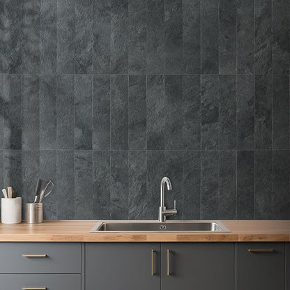AULIGET 40-Piece Black Slate Peel and Stick Backsplash Wall Tiles, 3" x 12" PVC Faux Stone Stick on Tiles for Backsplash Kitchen, Bathroom, Laundry Room, Camper, Fireplace