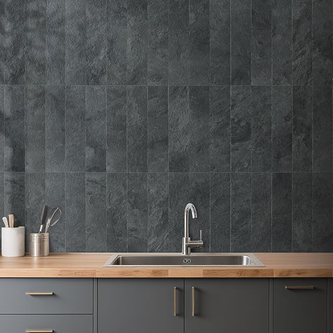 AULIGET 4-Piece Black Slate Peel and Stick Backsplash Wall Tiles, 3" x 12" PVC Faux Stone Stick on Tiles for Backsplash Kitchen, Bathroom, Laundry Room, Camper, Fireplace