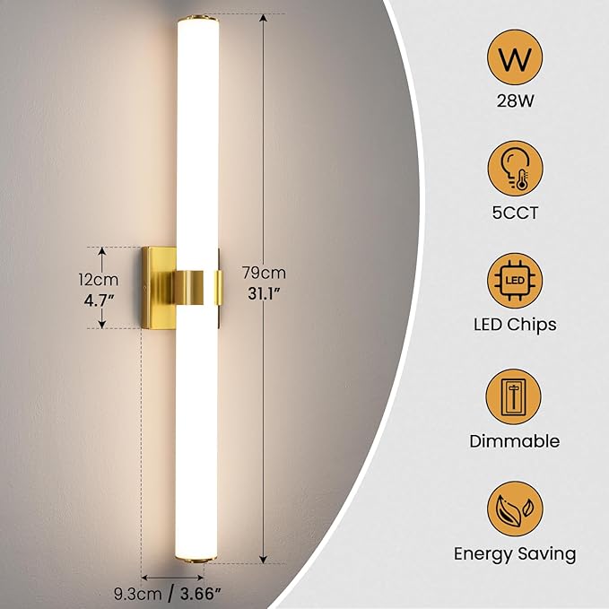 Gold Bathroom Light Fixtures Over Mirror - 31inch Vanity Light Fixture 28W 5CCT Dimmable LED Bathroom Sconce with Acrylic Shade Vanity Light Bar for Mirror Bedroom Living Room