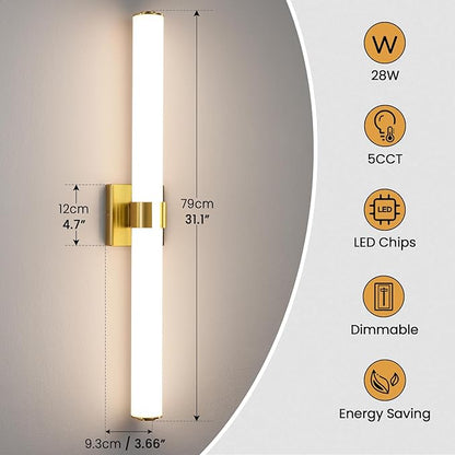 Gold Bathroom Light Fixtures Over Mirror - 31inch Vanity Light Fixture 28W 5CCT Dimmable LED Bathroom Sconce with Acrylic Shade Vanity Light Bar for Mirror Bedroom Living Room