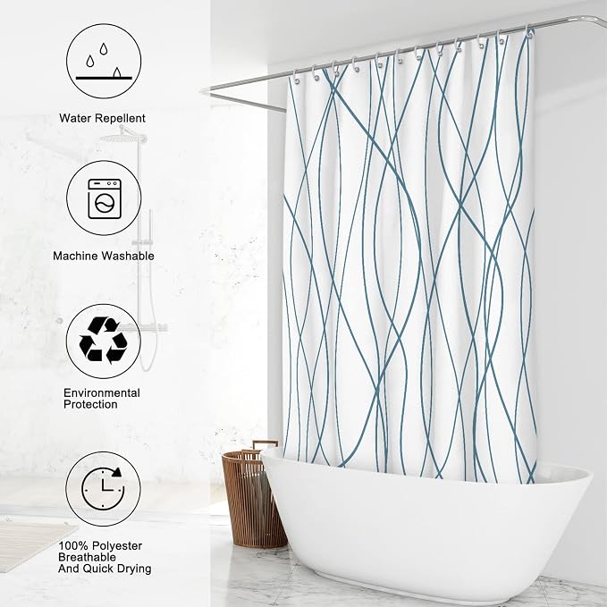 Striped Shower Curtain for Bathroom, Lake Blue, 72" W x 72" L | with Hooks, Modern Hotel Style, Water Repellent, Washable, Weighted Hem