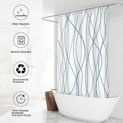 Striped Shower Curtain for Bathroom, Lake Blue, 72" W x 72" L | with Hooks, Modern Hotel Style, Water Repellent, Washable, Weighted Hem