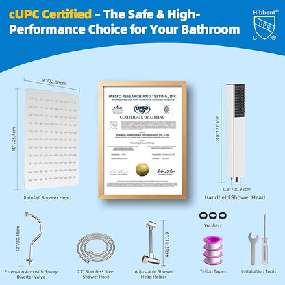 Hibbent All Metal cUPC Certified Shower Head, 10'' High Pressure Rainfall Shower Head, Showerhead Combo, Handheld Shower Wand, 12'' Adjustable Extension Arm, 4-Spray, 71'' Hose, Shower Holder, Chrome