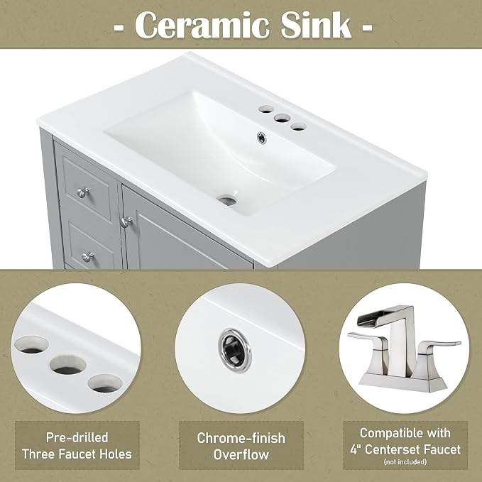 30" Vanity with Sink, Bathroom Vanities 30 Inch with Sink, Single Sink Bathroom Vanity with Shelf and Three Drawers, Soft Close Door, Restroom Vanity with Sink Top (Grey)